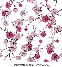 Seamless pattern with pink blooming tree branches, apple tree or sakura flowers white background, vector illustration