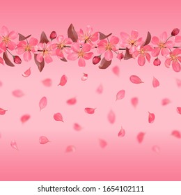 Seamless pattern with pink blossoming cherry and falling petals for bed linen