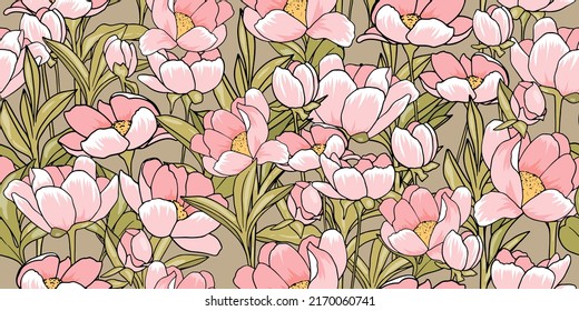 Seamless pattern with pink blossoming peony garden. Floral botanical print with blooming flowers