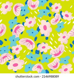 Seamless pattern with pink and blue abstract organic flowers and spots Vector background with textured florals.