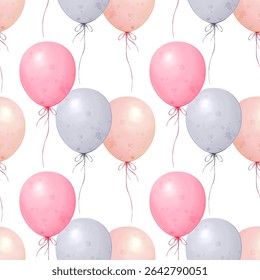 Patrón sin fisuras con globos de aire rosa y azul en estilo de acuarela. Dibujado a mano ilustración en colores pastel. Lindo telón de fondo para baby shower, cumpleaños, fiesta, papel de regalo, diseño textil.
