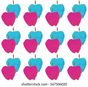 Seamless Pattern with Pink and Blue Apples Isolated on White Background. Watercolor Hand Drawn Illustration.
