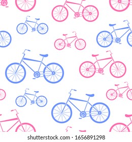 Seamless pattern of pink and blue bicycles on white background