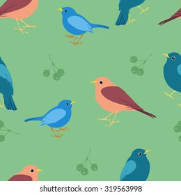 Seamless pattern with pink and blue birds and green berries in light green background.