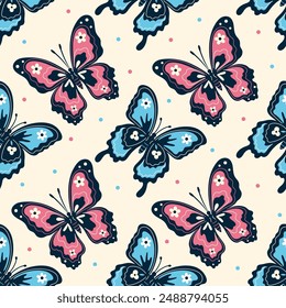 Seamless pattern with pink and blue butterflies. Vector graphics.