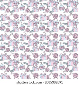 Patrón sin foco - juguetes de Navidad rosa y azul con regalos para decorar papel de envolver
