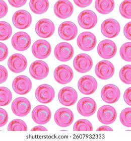 Seamless pattern of pink and blue circle shapes on a white background. The circles have a swirled design with shades of red and green.
