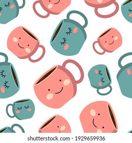 Nahtloses Muster mit rosafarbener und blauer Tasse mit Emotionen, Lächeln. Kaffeetasse mit Rauch schweben hoch. Vektorgrafik. Flacher Stil. Dekoratives Design für Cafeteria, Plakate, Banner, Karten.