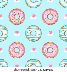 Seamless pattern of pink and blue donuts with pink hearts and white clouds on a blue background. Vector illustration.