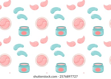 Seamless pattern with pink and blue eyepatches on white background. Skin care routine