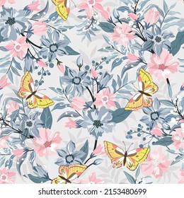 Seamless pattern pink and blue floral and butterfly 