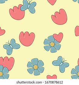 Seamless pattern with pink and blue flowers, hearts and butterflies on a yellow background. Vector texture for textiles, fabrics, footwear, wrapping paper, napkins, phone cases, bags.