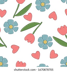 Patrón inquebrantable con flores y corazones rosas y azules sobre un fondo blanco. Textura vectorial para textiles, tejidos, calzado, papel de envoltura, servilletas, estuches de teléfono, bolsas.
