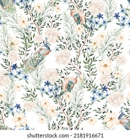 Nahtloses Muster mit rosa und blauen Blumen und Blättern, verschiedenen Blättern und Friedensvögeln. Illustration