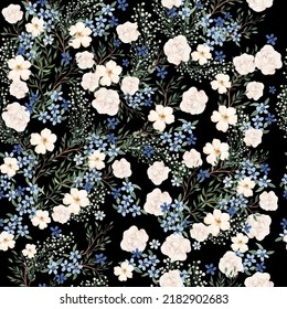 Seamless pattern with pink and blue  flowers and leaves. Illustration