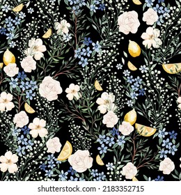 Seamless pattern with pink and blue  flowers and leaves. Illustration