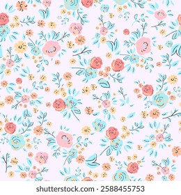 A seamless pattern of pink and blue flowers on a white background