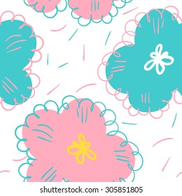 seamless pattern with pink and blue flowers on the white background