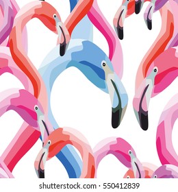 Seamless pattern of pink and blue head of flamingo on white background. Wallpaper composition animal