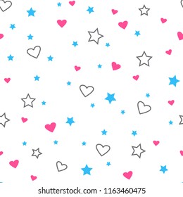 Seamless pattern with pink and blue hearts and stars. Vector illustration