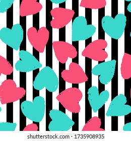 Seamless pattern with pink and blue hearts on striped background. Vector design for textile, backgrounds, clothes, wrapping paper, web sites and wallpaper. Fashion illustration seamless pattern.