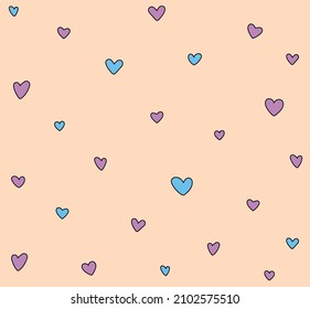 Seamless pattern of pink and blue hearts on a peach color background. Vector template for background, wallpaper, wrapping paper. Design concept for St. Valentine, February 14