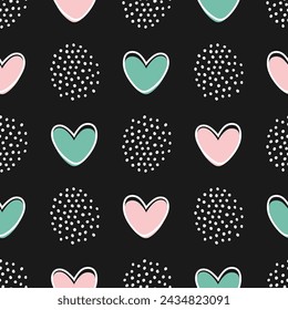 Seamless pattern with pink and blue hearts and dots