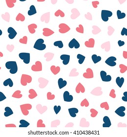 Seamless pattern with pink and blue hearts on a white background. Vector repeating texture.