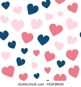 Seamless pattern with pink and blue hearts on a white background. Vector repeating texture.