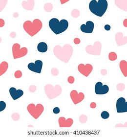 Seamless pattern with pink and blue hearts and dots on a white background. Vector repeating texture.