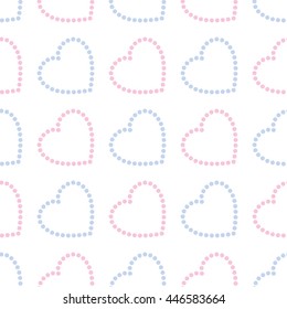 Seamless pattern of pink and blue hearts. Dotted background. Valentines day paper print. Vector illustration.