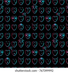 Seamless pattern pink and blue hearts with different moods on a black background