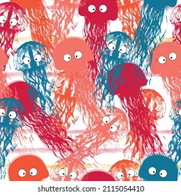 Seamless pattern with pink and blue jellyfish. Watercolor illustration  It can be used for wallpaper, background, print, textile design.