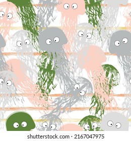 Seamless pattern with pink and blue jellyfish. Watercolor illustration  Baby print. Scandinavian motives