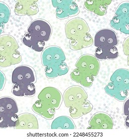Seamless pattern with pink and blue jellyfish. Watercolor illustration