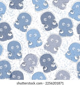 Seamless pattern with pink and blue jellyfish. Watercolor illustration