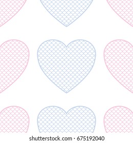 Seamless pattern of pink and blue lace hearts in garlands. Valentines day symbol of love. Oriental motif of heart shape with fish scale trellis inside. Print for gift paper. Vector illustration.