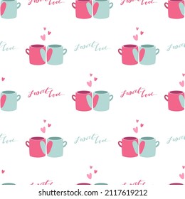 Seamless pattern with pink and blue mugs for tea with hearts on a white background in doodle style. Vector illustration.