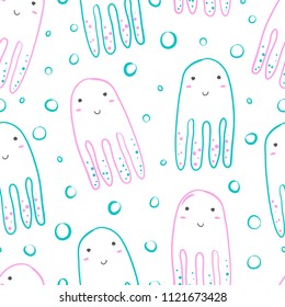 Seamless pattern with pink and blue octopus, cute simple design. For wallpapers, web background, textile, wrapping, fabric, kids design. Baby kids style.