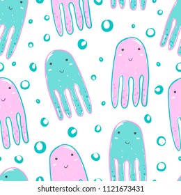 Seamless pattern with pink and blue octopus, cute simple design. For wallpapers, web background, textile, wrapping, fabric, kids design. Baby kids style.