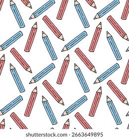 Modelo inconsútil con los lápices rosados y azules en el fondo blanco. Imagen de Vector.