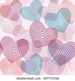 seamless pattern pink blue purple white heart on white background. Optical illusion of 3D three-dimensional volume. Geometric abstract background for site, blog, fabric. Vector