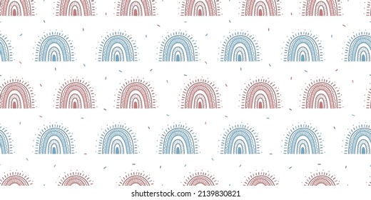 Seamless pattern of pink and blue rainbows isolated on white. Hand drawn simple doodle clipart. Vector illustration. For poster, banner, baby projects, card,  print, invitation, fabric, textile.