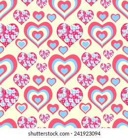 Seamless pattern with  pink, blue and red hearts and flowers. Valentine background.