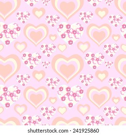 Seamless pattern with  pink, blue and red hearts and flowers. Valentine background.