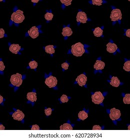 Seamless pattern with pink and blue rose flowers, vector floral illustration in vintage style.