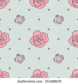 Seamless pattern with pink and blue roses on light blue background.

