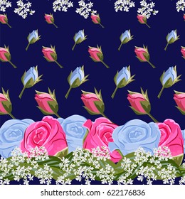 Seamless pattern with pink and blue roses. Hand-drawn floral background for printing on fabric, clothing, home textiles, wallpaper, gift wrapping. Romantic design.