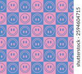 Seamless pattern with pink and blue smilies and a checkerboard