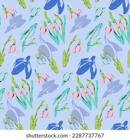 Nahtloses Muster mit rosafarbenen und blauen Schneeköpfen. Hintergrund mit Frühlingsblumen. Delikates Muster mit Crocuses für Textilien, Wickelpapier und jedes Design. Vektorgrafik im Flachstil.